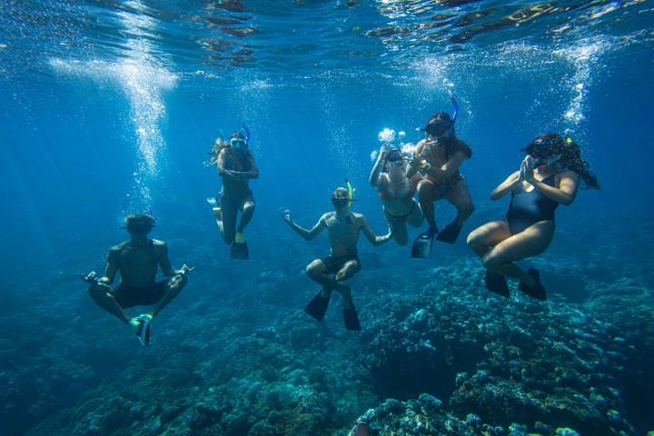 Group of people snorkeling underwater, posing in a meditative posture above a coral reef.