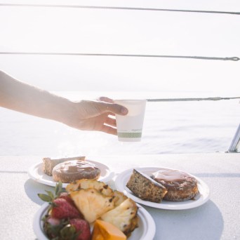 Hand holding cup near plates with fruit, donuts, and cake outdoors.