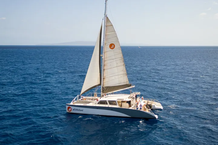 Sailboat with white sails on a calm blue ocean under a clear sky.